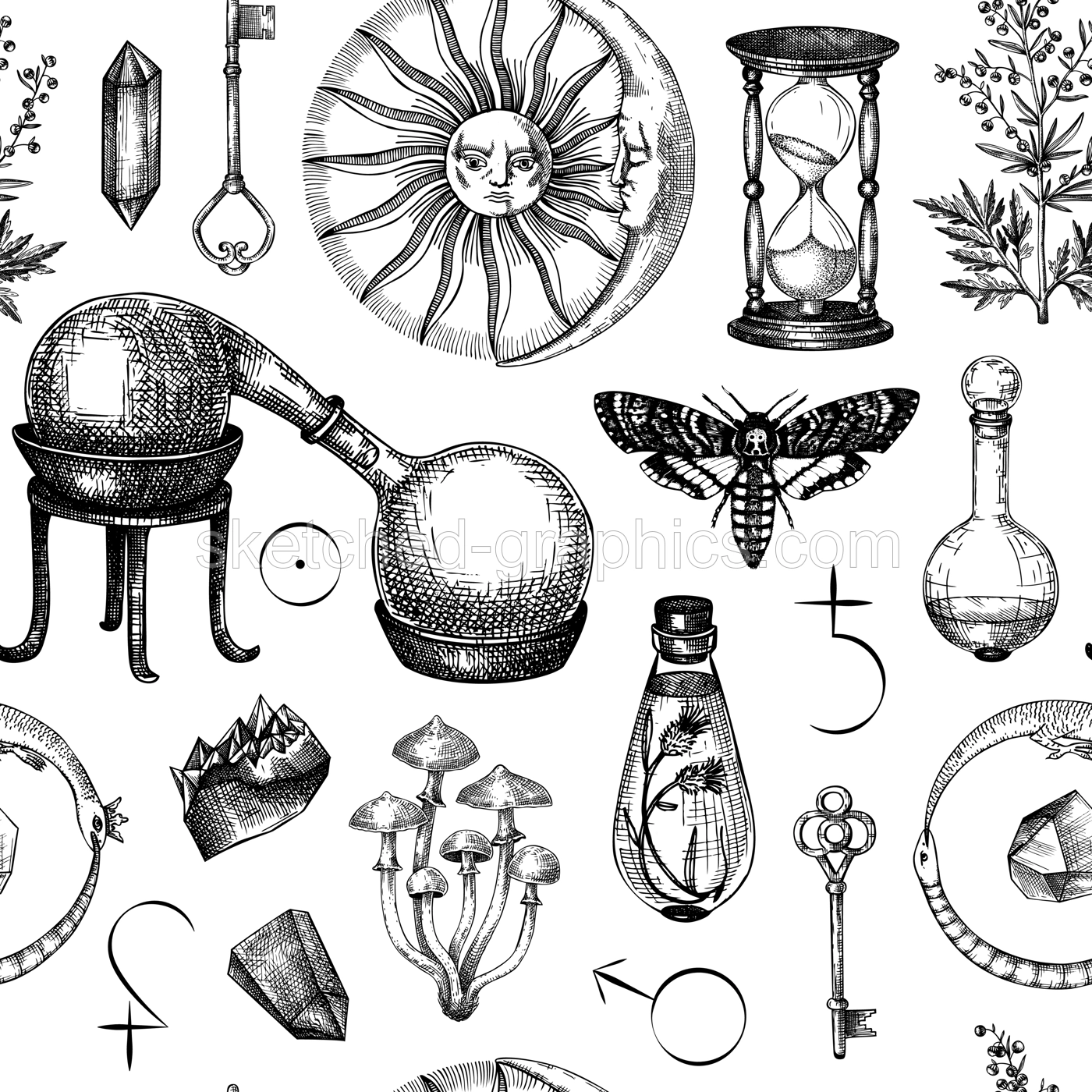 Vintage alchemical background. Popular esoteric symbols. Magic seamless pattern. Mystical design for tarot cards, banners, prints, tattoos, and fabrics.  Illustration